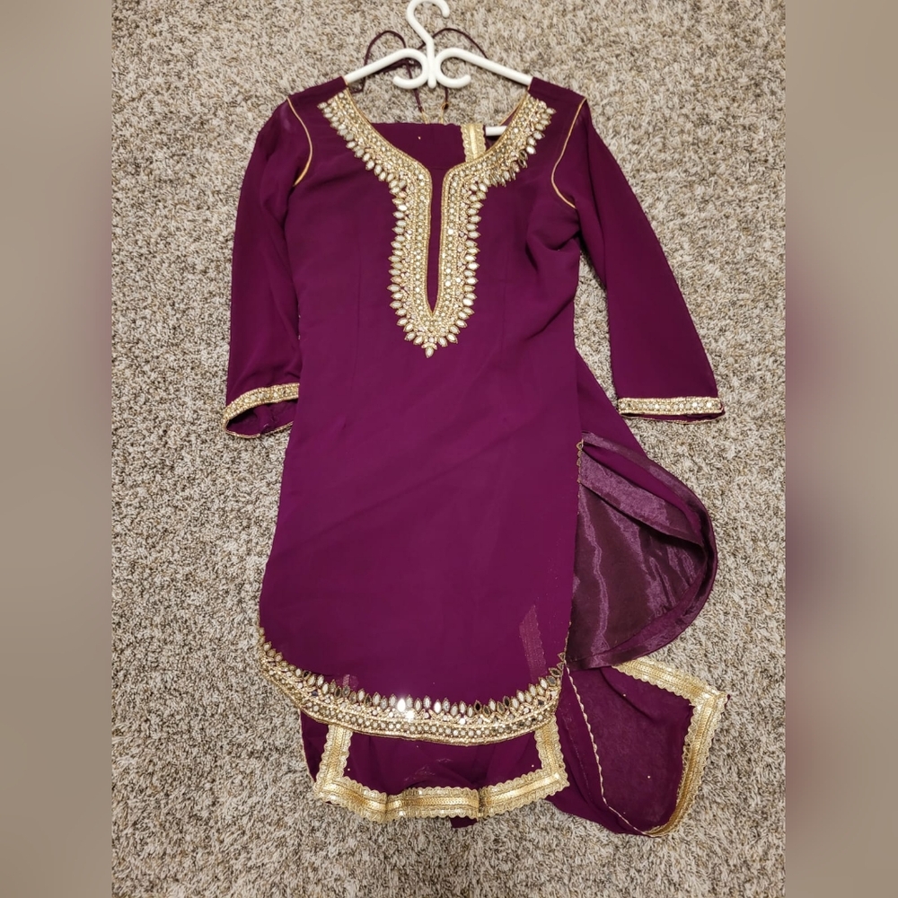 Indian Suit. Embellished Purple and Red Salwars with Plunge Neckline